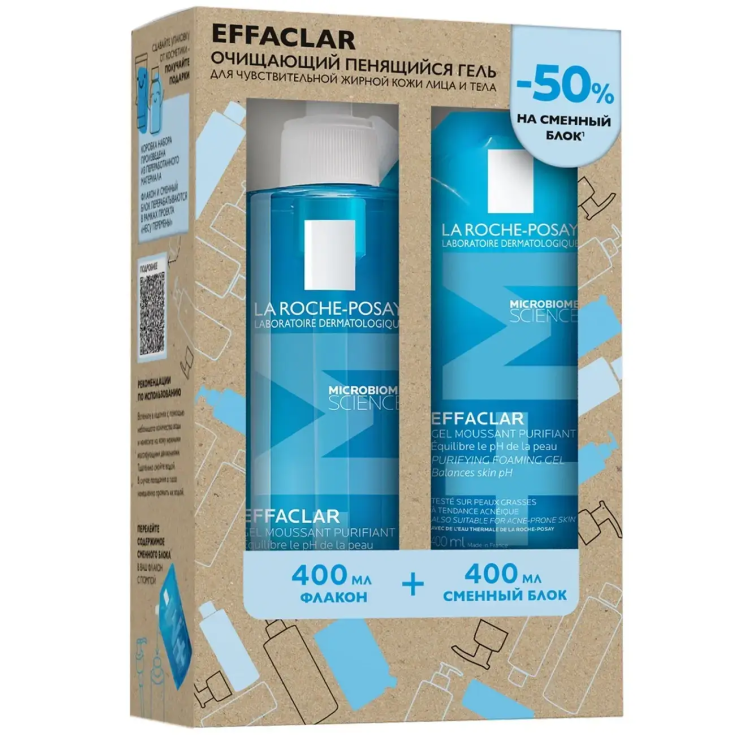 Ля Рош Позе Набор для жирной и проблемной кожи, La Roche-Posay Effaclar, очищающий гель 400 мл + сменный блок 400 мл