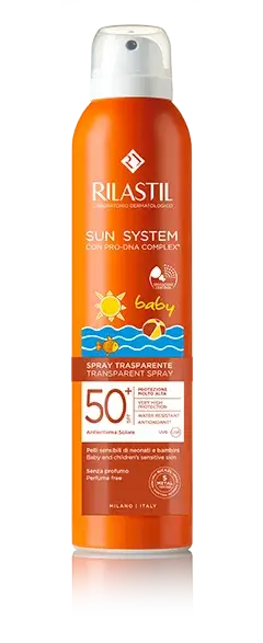 Прозрачный солнцезащитный спрей для детей SPF 50 + для чувствительной кож с pro-DNA complex Rilastil SUN SYSTEM BABY