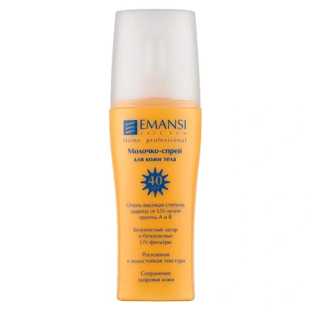 Солнцезащитное водостойкое молочко спрей для кожи тела SPF 40 от UV-лучей группы А и В EMANSI Safe sun Солнцезащитное водостойкое молочко спрей для кожи тела SPF 40 от UV-лучей группы А и В EMANSI Safe sun