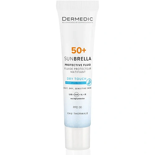 Товар DERMEDIC SUNBRELLA DRY TOUCH Матирующий защитный флюид SPF 50+ PDD 30 Аптечная косметика Товар DERMEDIC SUNBRELLA DRY TOUCH Матирующий защитный флюид SPF 50+ PDD 30 Аптечная косметика